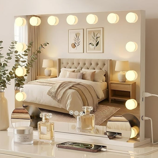VESAUR Hollywood Vanity Mirror with 10X15X Magnification and Lights, 23"x18" Makeup Mirror with 15 Dimmable LED Bulbs, 3 Color Modes, USB/Type-C Port, Aluminum Frame, Tabletop & Wall Mount for Bedroom