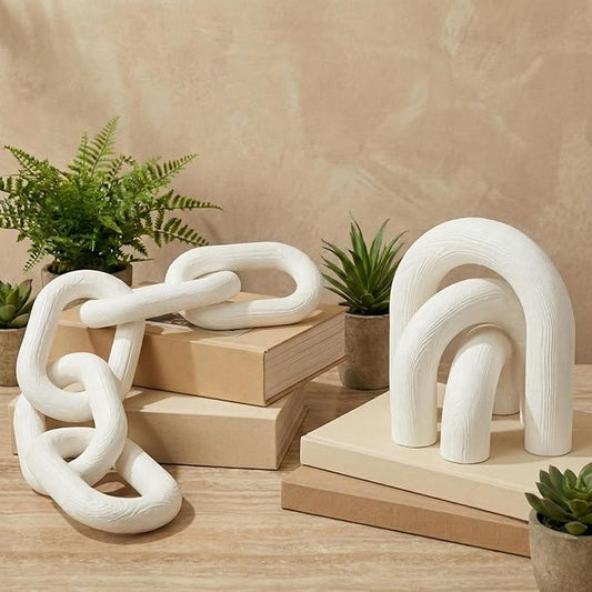 Yerliker 2 Pack Wood Chain Link and Arch Decor White Wooden Shelf Decor for Shelves, Coffee Table Sculpture, Bookshelf Accessories, Entryway Table Decorations