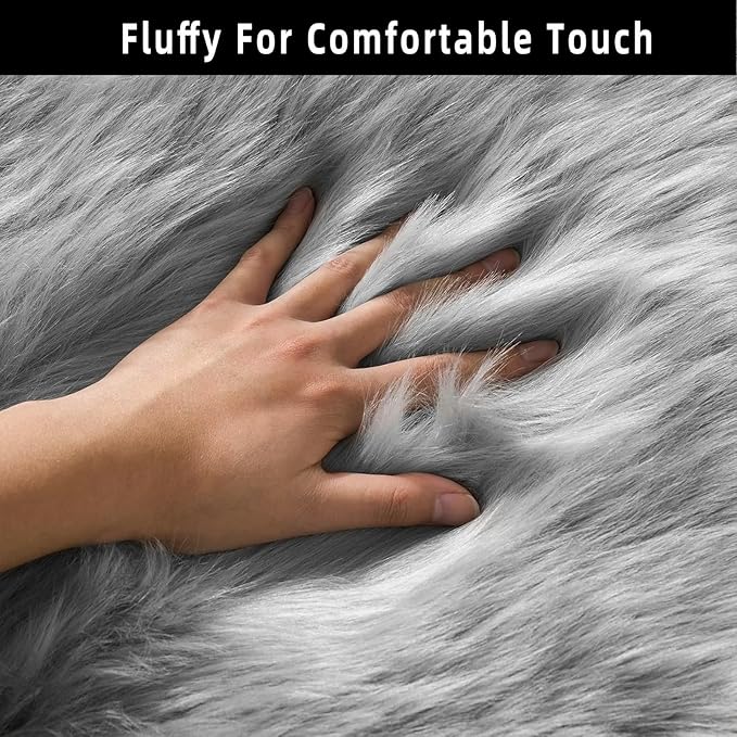 Grey Faux Fur Sheepskin Area Rug for Living Room Bedroom, 2 x 4 Feet Ultra Soft Shaggy Fuzzy Furry Carpet Chair Throw Rugs for Kids, Girls, Nursery Room Decor Dorms