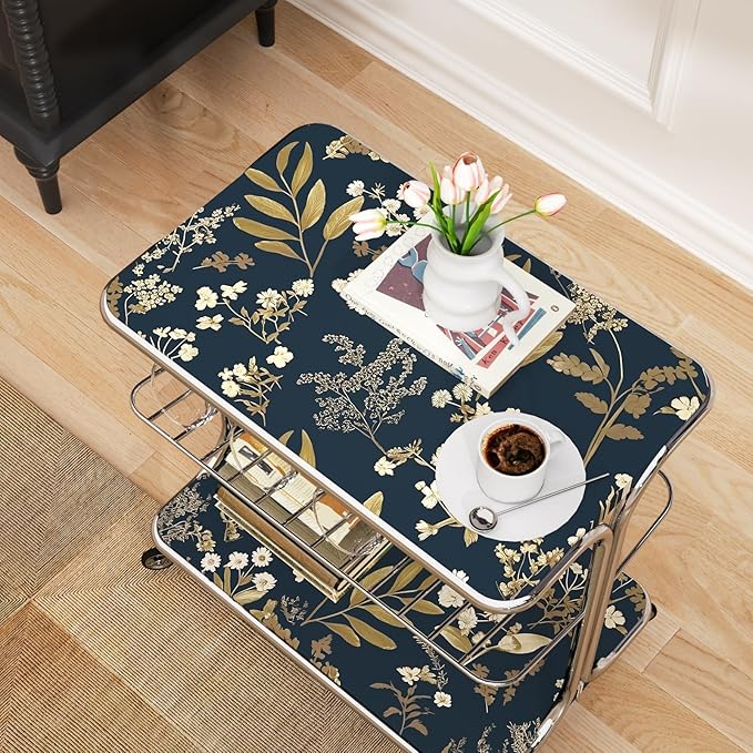Dark Blue Leaf Wallpaper Peel and Stick Dark Blue Floral Wallpaper for Bedroom Vintage Leaf Contact Paper Waterproof Self Adhesive Boho Floral Wall Paper for Bedroom Walls Countertop 17.5in x 197in
