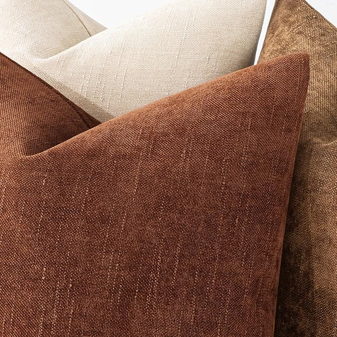 MIULEE Pack of 2 Decorative Throw Pillow Covers Soft Chenille Throw Pillows Solid Textured Euro Cushion Covers for Couch Sofa Bedroom Living Room 24x24 Inch, Dark Rust