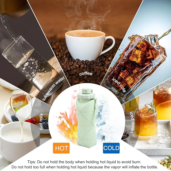 JINGYAN Collapsible Water Bottle 20oz, BPA-Free Silicone Foldable Design with Leak-Proof Lid & Lanyard - Portable Travel Water Bottle for Hiking, Gym, Camping (Green)