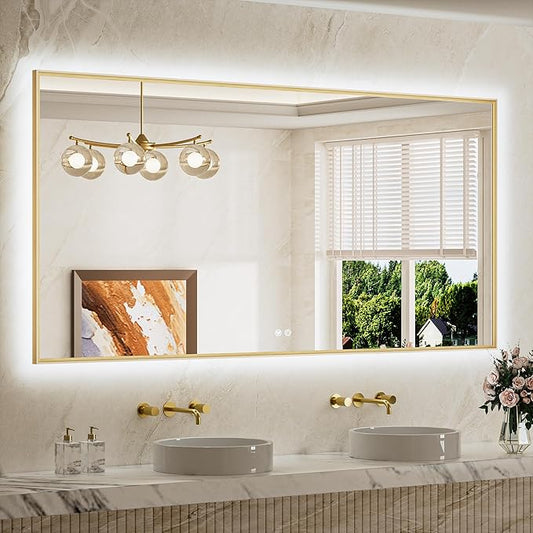TETOTE 72 x 36 Backlit Bathroom Mirror Brushed Gold Metal Frame LED Light Vanity 3-Color White/Warm/Natural Stepless Dimmable Anti-Fog Backlight Mirror Wall-Mounted