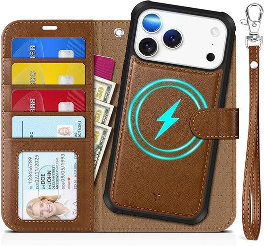TUCCH Detachable Case Wallet for iPhone 17 Pro Max (6.9") 2025, Wrist Strap, 4 Card Holders RFID Blocking, Wireless Charging, Stand, 2-in-1 Magnetic, PU Leather, Shockproof Folio Cover, Brown