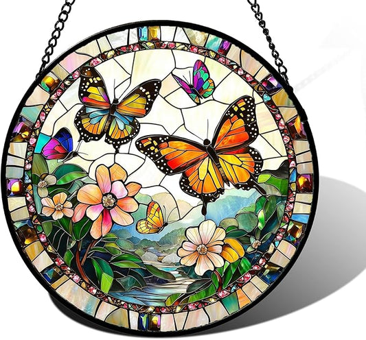 DASTOLL Stained Glass Window Hanging, Butterflies Flying in the Sky Suncatcher for Doors Home Sun Catchers Decoration and Christmas, Mother's Day Birthday Gifts for Women, Men, and Mom 9.8 in