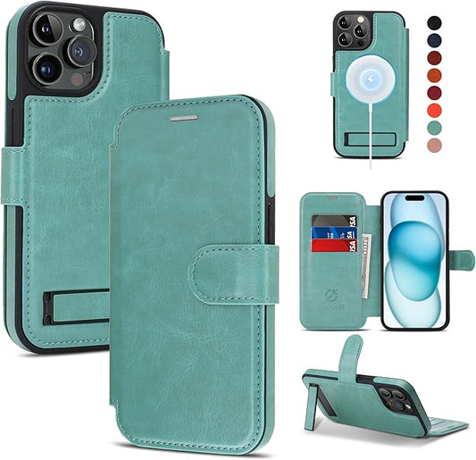 CIVICASE for iPhone 14 Pro Max Wallet Case with Stand,PU Leather Flip Credit Card Holder Slots (RFID Blocking),Compatible with Magsafe Magnetic Holder Phone Cover Women Men,Green