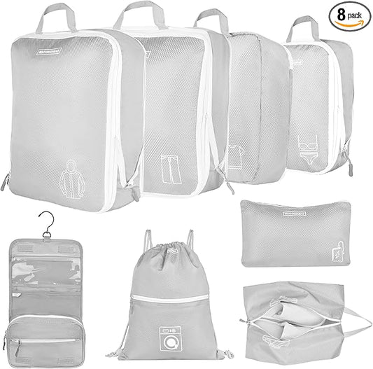 8 Set Expandable Compression Packing Cubes for Suitcases Travel Essentials Carry On Waterproof Storage Bag With Dry And Wet Separation Silvery