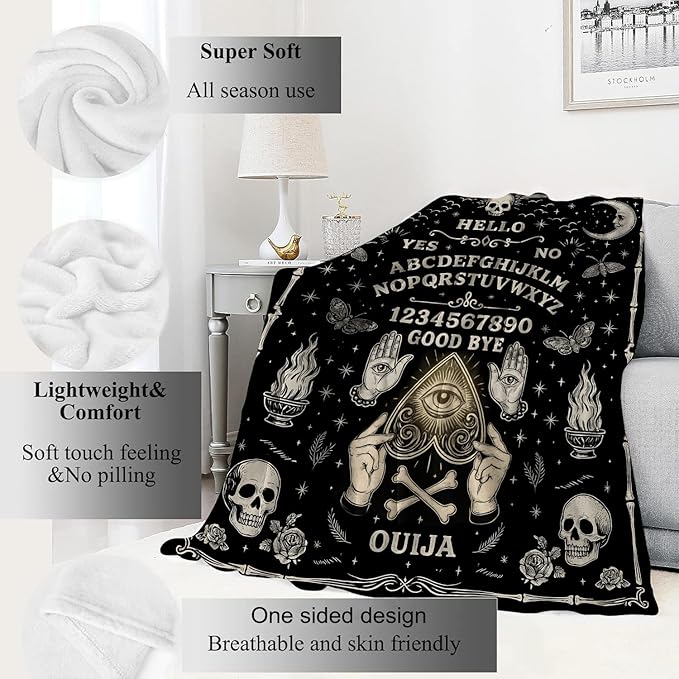 Ouija Board Blanket Halloween Holiday Decor Gothic Spirit Witch Throw Gifts for Kids Adults Lightweight Soft Fleece Sun Moon Skeleton Skull Witchy Blankets for Horror Spooky Decoration 60x80in