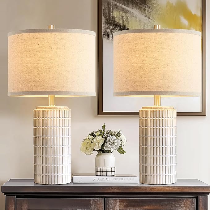 23'' Set of 2 Modern Ceramic Table Lamps for Living Room Bedroom, Nightstand Farmhouse Beige White Desk Lamp for Bedside End Table Entryway, 2 LED Bulbs Included