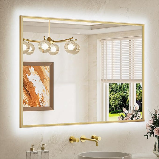 TETOTE 40 x 30 Backlit Bathroom Mirror Brushed Gold Metal Frame LED Light Vanity 3-Color White/Warm/Natural Stepless Dimmable Anti-Fog Backlight Mirror Wall-Mounted