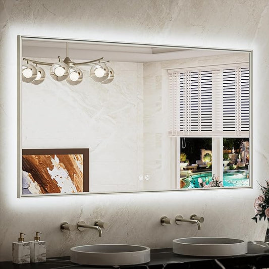 TETOTE 55 x 30 Backlit Mirror Brushed Nickel Metal Frame LED Light Vanity 3-Color White/Warm/Natural Stepless Dimmable Anti-Fog Backlight Mirror Wall-Mounted