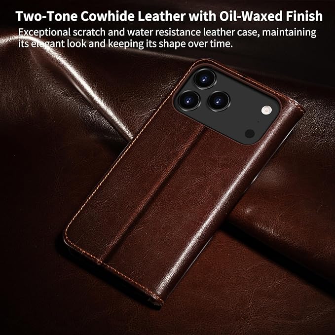 Belemay Leather Wallet Case Compatible with iPhone 17 Pro Max, Premium Cowhide Leather Two-Tone Effect, RFID Blocking Card Holders, Shockproof TPU Shell, Kickstand, Protective Flip Cover, 6.9", Brown