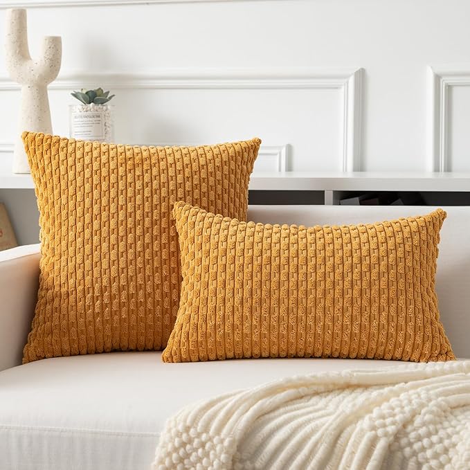 Kevin Textile Throw Pillow Covers Soft Corduroy Decorative Set of 2 Boho Striped Pillow Covers Pillowcases Farmhouse Home Decor for Couch Bed Sofa Living Room 18x18 Inch Golden Yellow