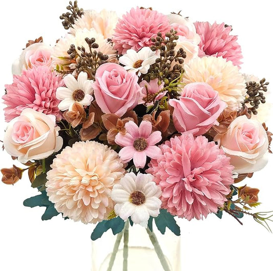 3 Pcs Fall Flowers Artificial Mums Silk Fake Mums Bouquet Faux Floral Arrangements Home Indoor Outdoor Planter Decor Party Wedding Table Autumn Decoration (Pink)