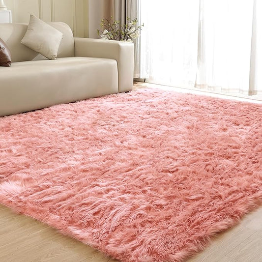 Pink Area Rugs 8x10 Shag Large Washable Rugs for Bedroom Plush Faux Sheepskin Shaggy Fur Rug for Living Room Soft Rectangle Rug