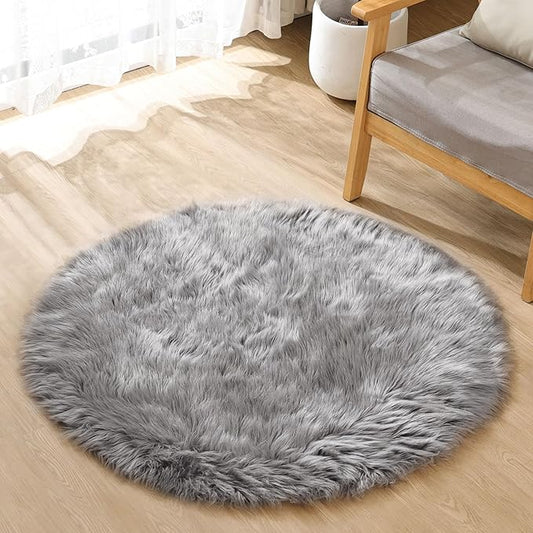 Silver Grey Furry Faux Sheepskin Shag Fur Rugs for Living Room Small Plush Circle Washable Area Rugs for Cute Room Nursery Decor Round Rug 3ft