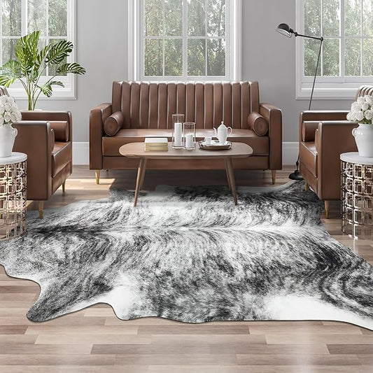 AROGAN 8×10 Feet Western Decor Faux Fur Cowhide Rug, Premium Animal Skin Cow Hide Rug, Sturdy Cow Print Rugs for Wall Decor, Western Floor Carpet for Bedroom Living Room, Black and Grey
