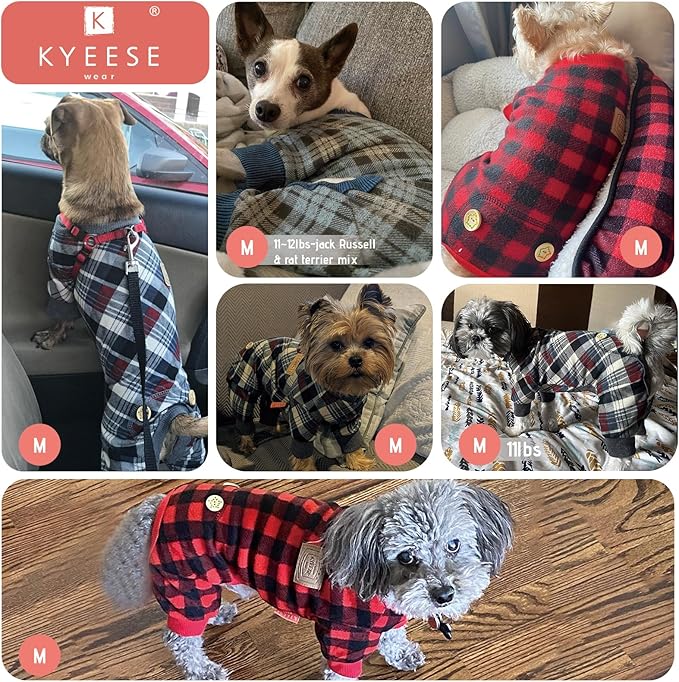 KYEESE Dog Pajamas Soft Dog Pajamas for Small Dogs Comfy Pet Costume Warm 4 Legs Pet Jammies Velvet Pets Onesie Stretchy Dogs Clothes Red Buffalo Check Pet Pjs,M
