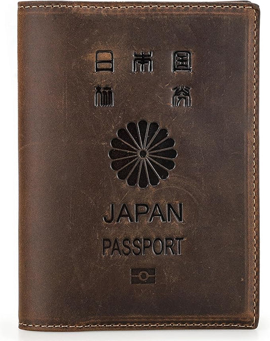 Top Grain Leather Single Travel Passport Wallet Embossing Badge for Unisex, Folio Design for Passport & Multi Cards, RFID Blocking for Passport/Cards/Checks/Bills/AirTag, Coffee Default, JP