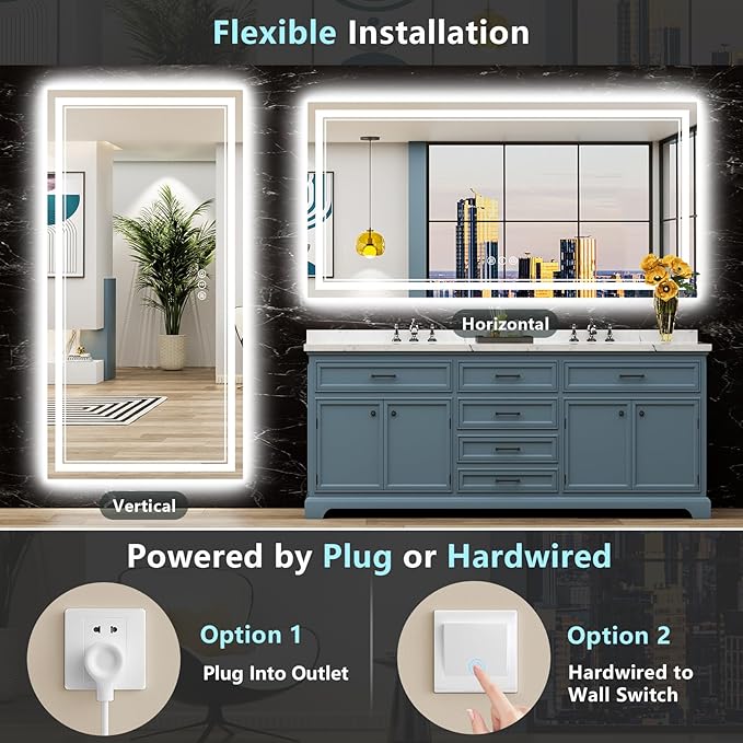 84x40 LED Bathroom Mirror with Lights, Backlit & Front Lit, Anti-Fog Frameless Lighted Vanity Mirrors for Bathroom Wall, Dimmable, 3-Color Light, Memory, Shatter-Proof, Tempered Glass, CRI＞90