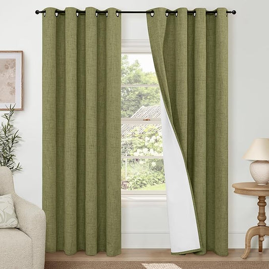 Lajode Olive Green Linen Blackout Curtains - 84 Inch Long Total Black Out Curtains for Bedroom Living Room, Thermal Insulated Room Darkening Light Blocking Faux Linen Curtains Each 52x84 Inch 2 Panels
