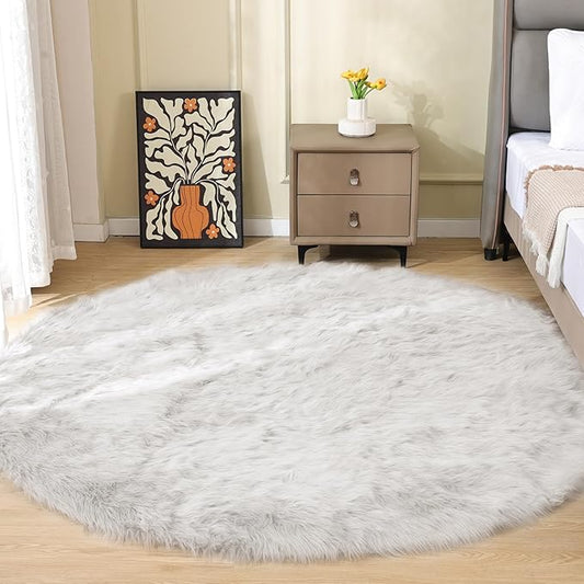White Shag Round Rugs 6ft Washable Faux Sheepskin Fluffy Fur Area Rugs for Living Room Large Circle Boho Nursery Rug Teen Room Décor