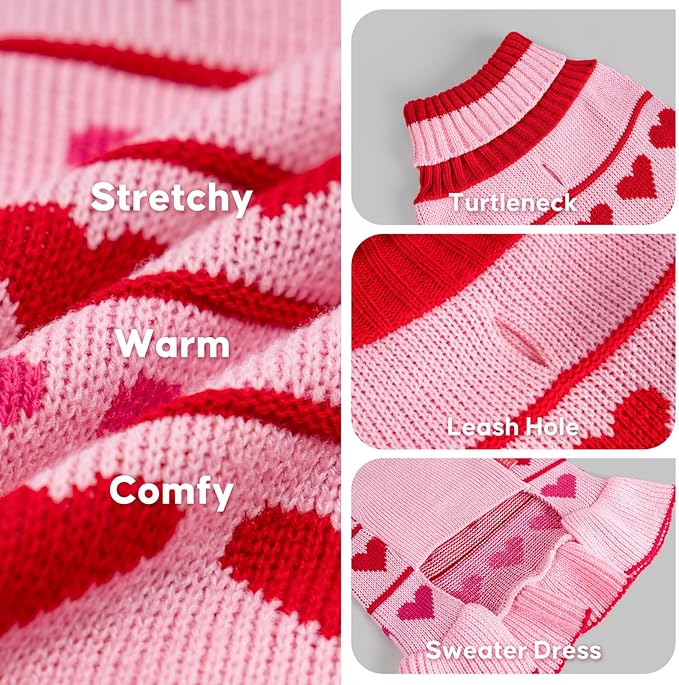 KYEESE Valentines Dog Sweater, Stretchy Small Dogs Sweater, Soft Turtleneck Dog Sweaters for Small Dogs, Warm Pet Sweaters Dress with Heart Print, Comfy Pet Clothes Coat with Leash Hole, XL