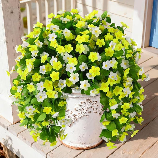 2 Pack Artificial Hanging Flowers, Fake Flowers Hanging Plant Violet Flower, Artificial Faux Silk Spring Flower for Wall Front Door Yard Garden Wedding Outdoor Decoration(Yellow White)