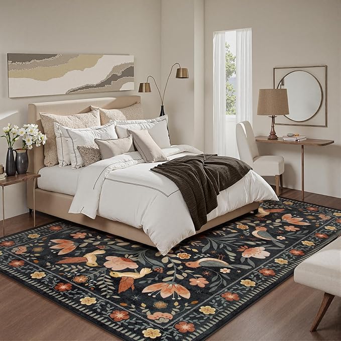 Moynesa Bedroom Rug 5x7, Washable Modern Transitional Black Area Rugs for Living Room Dining Room, Farmhouse Floral Bird Print Carpet, Folk Art Home Decor Open Floor Areas Non-Slip Protection