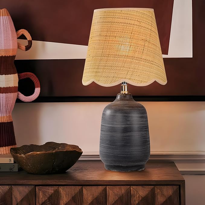 Pia Ricco 19" Modern Ceramic Table Lamp for Living Room Cream Base Desk Lamps for Bedroom Farmhouse Bedside Nightstand Lamp End Table Lamps,White Striped Black Base,Rattan Shade