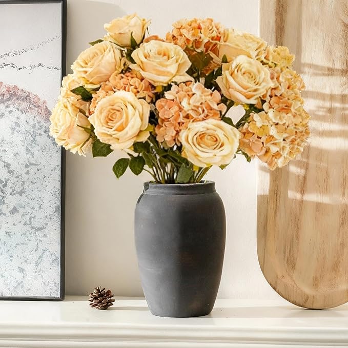 Terracotta Rustic Vase, Farmhouse Decorative Vase Boho Decor, Ceramic Christmas Vases for Home Decor, Table, Living Room, Shelf Decoration, 8.2 Inch