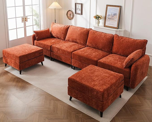 135'' Modular Sectional Sofa with Seats Storage, Oversized U Shaped Couch for Living Room,4-Seater Comfy Cloud Couches with Deep Seat,Movable Ottoman,2 Throw Pillow,Chenille,Orange
