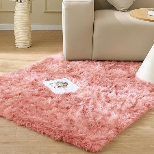 Pink Faux Sheepskin Fuzzy Fur Rugs for Bedroom Washable Shaggy Area Rugs for Living Room 3x5 Nursery Rug