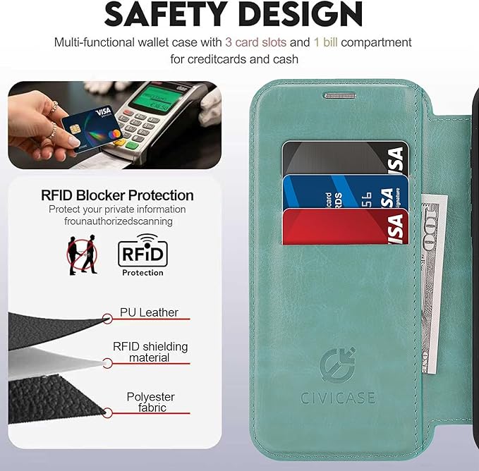 CIVICASE for iPhone 15 Pro Max Wallet Case with Stand,PU Leather Flip Credit Card Holder Slots (RFID Blocking),Compatible with Magsafe Magnetic Holder Phone Cover Women Men,Green