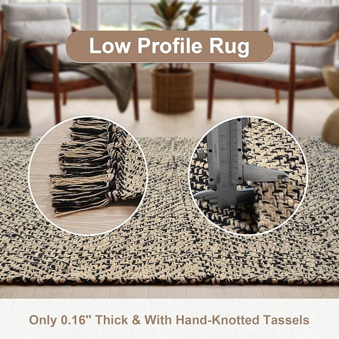Collive Long Hallway Runners Rug 2.6x7, Farmhouse Washable Kitchen Runner Rug for Bedroom, Natural/Black Braided Woven Entryway Rug Low-Profile Front Door Floor Carpet for Laundry Bathroom Living Room