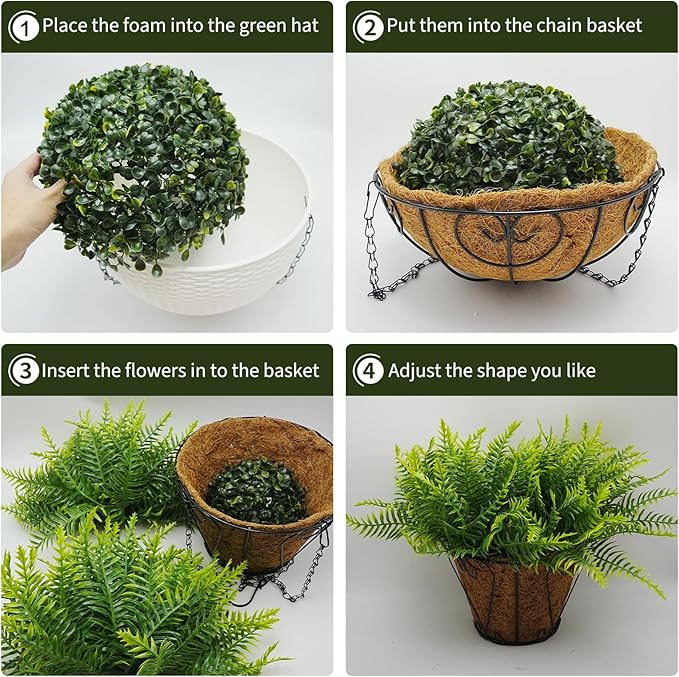 Towallmark Hanging Planters with Plant Hangers 2-Pack Artificial Green Fern 25CM Straight Coconut Fiber Baskets with Sturdy Iron Hanging Chains