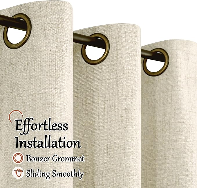 Lajode Blackout Living Room Curtains 72 Inch Long 2 Panels, Textured Linen Black-Out Curtains for Bedroom Light Blocking, Bronze Grommet Thermal Insulated Window Drapery, Each 52" Wide, Natural