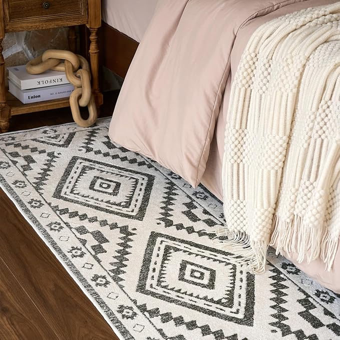 Moroccan Washable Runner Rug 2x6, Geometric Woven Area Rug, Farmhouse Boho Accent Hallway Runner Rug, Non-Slip Soft Low Pile Throw Mat for Bedroom Living Room Kitchen, Olive Green/White
