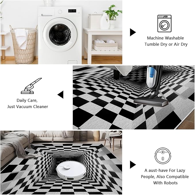 Optical Illusion Rug - Black and White Rug for Living Room, Soft Ultra Soft Faux Wool 8x10 Area Rugs Floor Mats, Non Slip&Non-Shedding Low Pile Checkered Washable Rugs, Abstract Geometric Carpet