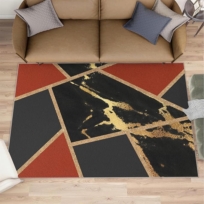 Black Gold Marble Area Rug Modern Abstract Marble Rug Polygonal Geometric Patchwork Carpet 3D Light Luxury Geometric Line Carpet for Living Room Playroom 6x8ft