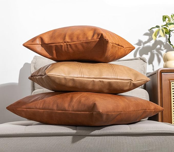 Faux Leather Throw Pillow Covers 20X20 Inch Set of 2 Brown Outdoor Modern Farmhouse Solid Decorative Pillow Covers for Room Couch Living Bedroom Bed Sofa