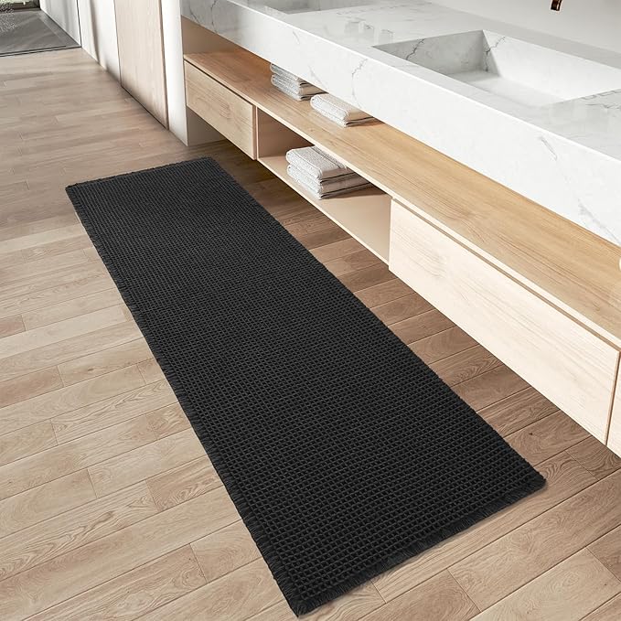 AMOAMI Upgraded Waffle Runner Rug Super Absorbent Non Slip Bath Mats for Bathroom Machine Washable Boho Bathroom Runner Rug with Tassels, Ideal for Hallway Bedroom Laundry Room, 2'x 6'