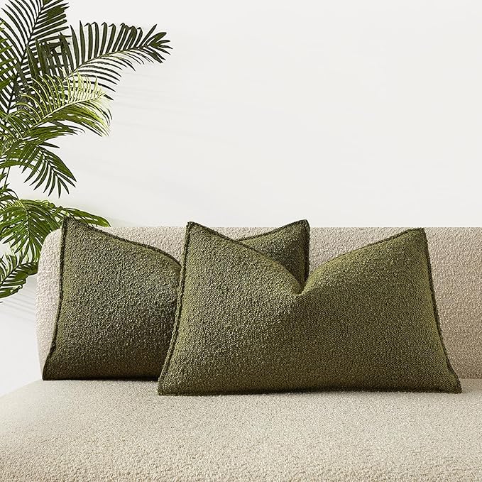 JUSPURBET 14x24 Pillow Covers Set of 2 Decorative Throw Pillow Covers Case for Couch Sofa Bed Soft Boucle Textured Lumbar Cushion Covers with Hidden Zipper for Home Decor Living Room,Olive Green