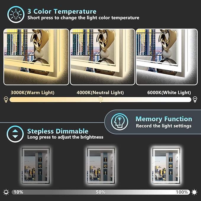 28x32 LED Bathroom Mirror with Lights, Backlit & Front Lit, Anti-Fog Lighted Vanity Mirror for Bathroom Wall, 3 Colors, Dimmable, Memory, HD Tempered Glass, Shatter-Proof, Horizontal/Vertical