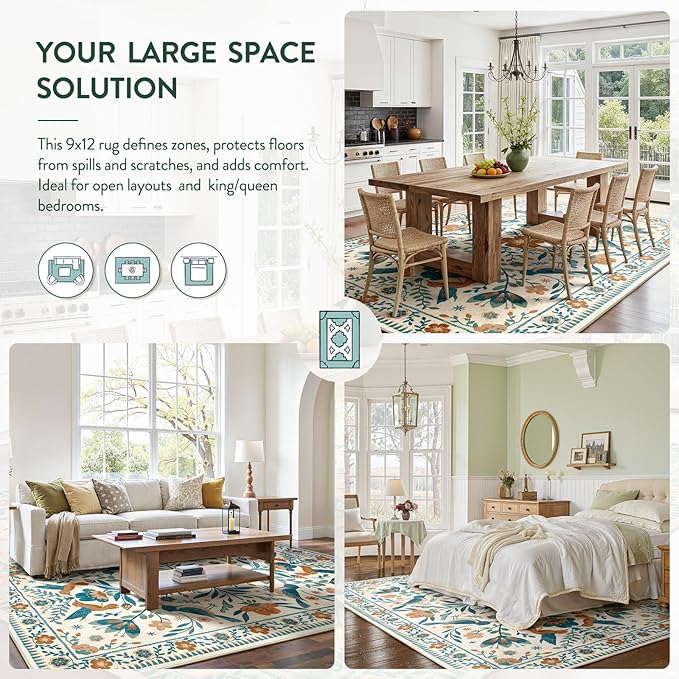 Moynesa Area Rugs 9x12 Retro Home Decor, Modern Bohemian Farmhouse Floral Bird Print Pattern Medallion Carpet for Large Living Room Bedroom Dining Room,Floor Protection Non-Slip Washable