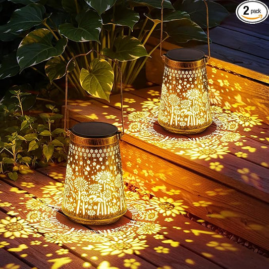 2 Pack Solar Lanterns Outdoor Waterproof Birthday Gifts for Women Mom Grandma, Hollowed-Out Metal Sunflower Hanging Solar Lantern Lights Outdoor Decor, 2 Modes Lights Decor for Yard, Patio