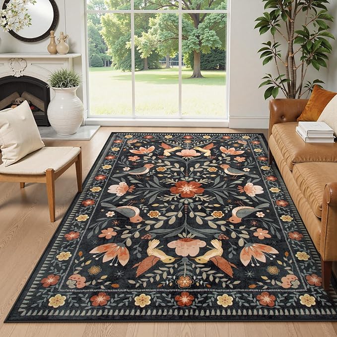 Moynesa Floral Bird 6x9 Black Area Rug for Living Room Bedroom Dining Room, Folk Art Home Decorations for Modern Transitiona Open Areas,Family Friendly Comfort Floor Protection Non-Slip Washable