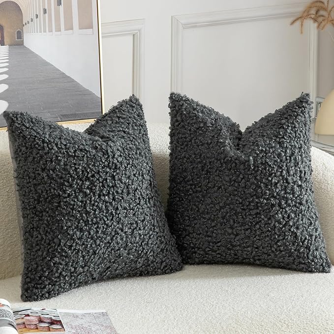 Yaertun Pack of 2 Faux Fur Throw Pillow Covers Decorative Sherpa Boucle Pillow Covers Fuzzy Soft Pillowcases Sheepskin Fleece Cushion Case for Couch Sofa Bed Living Room 24x24 Inch Grey