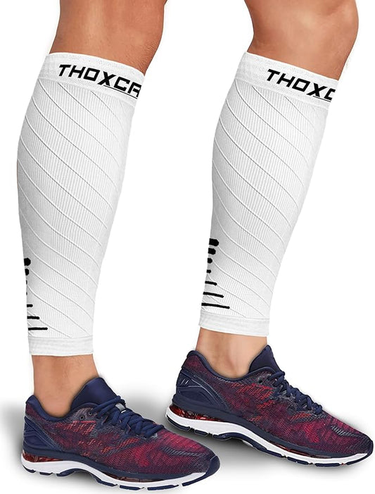 Thoxcare Calf Compression Sleeve for Men Women (1 Pair), Leg Support Footless Compression Socks for Running - Shin Splint Varicose Veins Swelling & Pain Relief, White/Black, Large