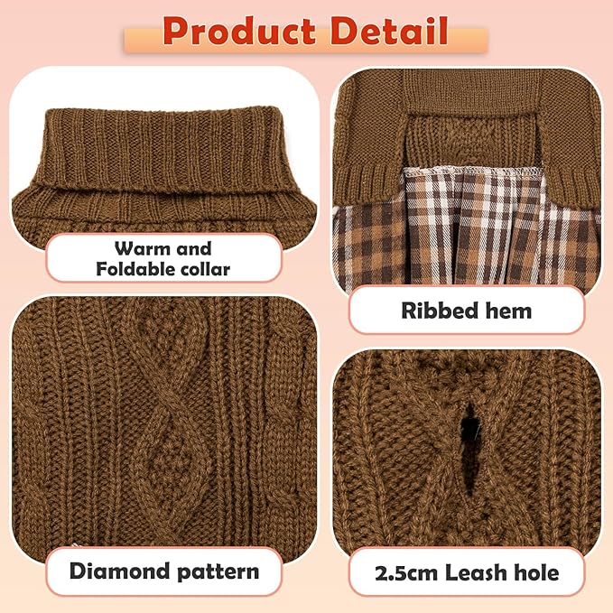 YUDODO Small Dog Sweater Dress with Bowtie Turtleneck - Knitted Pet Girl Dog Winter Clothes - Pet Warm Sweater for Puppy Yorkies, Chihuahua (XL Brown)